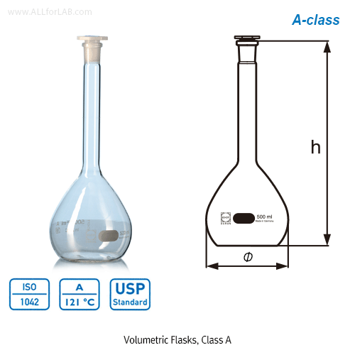 DURAN® Volumetric Flasks, Class A, Boro-glass 3.3, ISO/DIN, 5~5000㎖ with White Graduation & Octagonal PE Stopper/메스,용량 플라스크