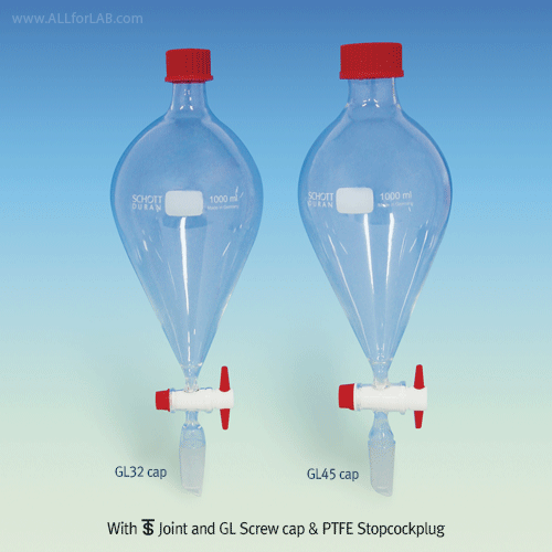 SciLab® 24/40-cone Professional Separatory Funnel, with Uni-Green PP Screwcap & PTFE Seal, 100~2,000㎖With PTFE plug Stopcock, DURAN Borosilicate Glass 3.3, 부 스크류-캡 분액 깔때기