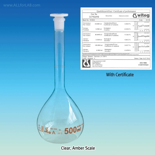 Witeg® Premium A-class Batch Certificated Volumetric Flask, Clear & Amber-glass, 5 ~ 5,000ml Amber & Blue Graduation in Clear Glass, DIN 1S0, DEM,