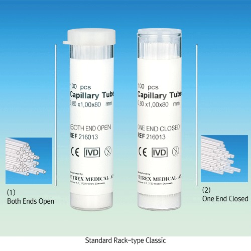 Witeg® Melting Point Capillary Tube, Glass, OD 2.5 × L80mm(id approx 2.1) use a Powdered Sample, 2 ype of (1) Both Ends Opern & (2) One End Closed, 융점 측정 모세관