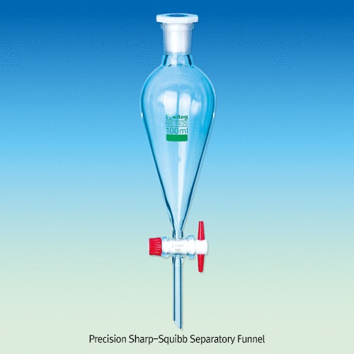 Witeg® Premium Precision Sharp-Squibb Separatory Funnel, 100~500ml With PE Stopper & PTFE Plug, DURANglass 3.3, DIN ISO, 정밀 Sharp-스퀴브형 분액 깔때기