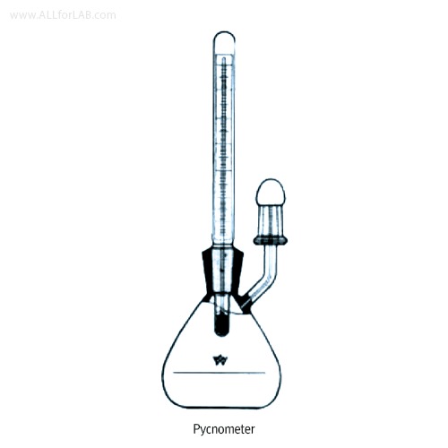Witeg® Premium Specific Gravity Bottle/Pycnometer, Gaylussae-type, 5~ 100ml With Thermometer joint 10/19 and Side Tube with 7/16 Joint Cap, Boro Glass, ASTM/DIN, 비중병/피크노메타