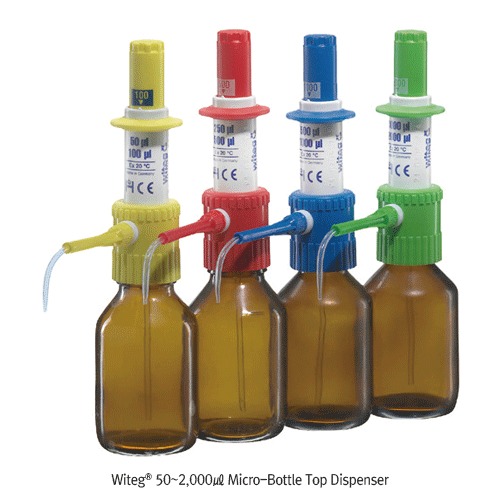 Witeg® MINISPENSOR Micro-Bottle Top Dispenser, 50-2,000, 2 Fixed Micro-volume Dispensing Ideal for Long & Repeat Pipetting, 4colored Models, GL28/GL32 Adapters,  마이크로 디스펜서, 2•용량 고정식